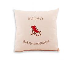 Ruhestand Kissen personalisiert mit Name 40 x 40 cm | Mit Ruhe(stands)kissen und Liegestuhl bestickt, Geschenkidee Kissen, knuddeliges Ruhestandskissen, individuell besticktes Kissen Pension