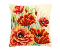 Vervaco Mohnblütenpracht Kreuzstichkissen/Stickkissen vorgedruckt, Baumwolle, Mehrfarbig, 40 x 40 x 0.3 cm