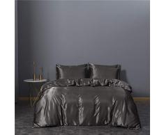 BangDon 3-teiliges Bettwäsche-Set, Satin, Seide, einfarbig, Bettbezug-Set, King-Size-Größe, Doppelbett, Einzelbett, Grau / Schwarz, seidig weich, bequem, dunkelgrau, Doppelbett