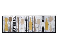 Küchenläufer / Küchenmatte / Dekoläufer für Küche und Bar / Teppich / Läüfer / Läufer / waschbare Küchenläufer / Küchendeko Modell ,,COOK & WASH Enjou your Meal - Holzoptik - Besteck - Weinglas - Weinflasche - grau