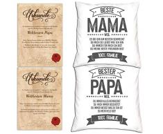 Soreso Design Geschenk Set für Eltern zu Weihnachten 2 Kissen und 2 Urkunden für Mama und Papa Farbe Weiss