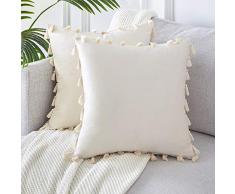 Topfinel 2er Set Samt Kissenbezüge mit Quasten Einfarbig Dekorative Kissenhülle Kopfkissen Sitzkissen Dekokissen Couchkissen für Sofa Schlafzimmer Büro Auto 40X40cm Sahne