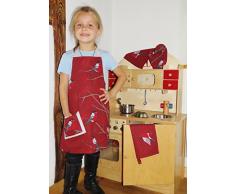 beties Beeren Vögel Kinderkochset (4er Set) 100% Baumwolle für kleine Helfer in der Küche: Schürze, Topfhandschuh, Geschirrtuch & Mitteldecke Farbe (Marsala)