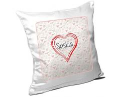 Kissen mit Namen Saskia und schönem Herz mit vielen Liebes-Symbolen zum Valentinstag - Namenskissen - Kuschelkissen - Schmusekissen
