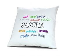Kopfkissen mit dem Namen Sascha, Kissen mit Füllung - Positive Eigenschaften, 40 cm, 100% Baumwolle, Kuschelkissen, Liebeskissen, Namenskissen, Geschenkidee