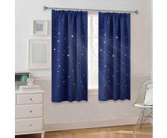 PONY DANCE Kinderzimmer Gardinen Blickdicht - 2er Set H 137 x B 117 cm Sterne Vorhänge Kräuselband Blickdicht Thermo Vorhang Blau Verdunkelung