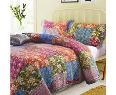HJTLK Gesteppte Tagesdecke 3-teiliges Set King Size 240 * 260 cm 100% Baumwolle Decke Im Amerikanischen Stil Patchwork Blumen Muster Bettwäsche Bettdecke Mit 2 Kissenbezügen