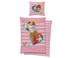 Bibi und Tina Bettwäsche-Set Biber/Flanell 135 x 200 80 x 80cm, 100% Baumwolle mit Pferd und Herzen, Blumen Pferd-e rosa
