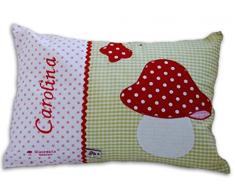 Glückspilz Namenskissen Babykissen I Fliegenpilz Pilz I mit Namen personalisiert I Geschenk zu Geburt, Taufe, Geburtstag I Grün Rot (25 x 35 cm)