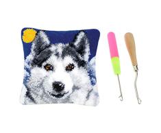 Sharplace Knüpfset Knüpfkissen Knüpfpackung zum selber Knüpfen Kissen für Kinder/Erwachsene, Wolf Muster (inkl. Knüpfnadeln)