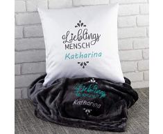 Geschenkset-Lieblingsmensch (grau, mit Name): Kuscheldecke und Kissen Set mit Wunschname Bestickt - Mikrofaser Decke in 180 x 220 und Kuschelkissen/Zierkissen - Geschenkidee für Frauen