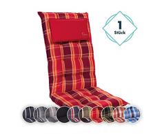 Homeoutfit24 Sun Garden 1-Stück Gartenstuhl-Auflage (120 x 50 x 9 cm) Sylt, Hochlehner Auflage mit abnehmbarem Kopfpolster in Rot kariert