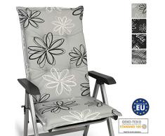 Beautissu Floral Sitzkissen Hochlehner Auflage für Gartenstuhl – Sitzpolster 120x50 cm Polsterauflage UV-Lichtecht – Stuhlauflage grau mit Blumen