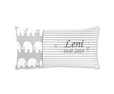 Amilian Kissen 60 x 30 cm mit Namen und Datum bestickt Geschenk zur Geburt Taufe zum Namenstag personalisiert fürs Baby inkl. Bezug 100% Baumwolle Muster: Elefant Grau Streifen Grau