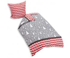 AmeliaHome 06310 2tlg Biber Bettwäsche 155x220 cm mit 1 Kopfkissenbezug 80x80 cm 100% Baumwolle Bettbezug Reißverschluss Snuggy Collection Christmas Mess Tannenbaum weiß rot grau