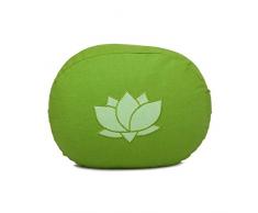 Bodhi Meditationskissen OVAL mit Lotus Stickerei | aus Bio-Baumwolle grau mit Lotus (olivgrün)