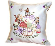 Espamira Kissenhülle Ostern Weiß Osterhase Ei Schleife Lila Gestickt Osterkissen (Kissenbezug 40x40 cm)