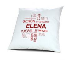 Kopfkissen mit Namen Elena - Motiv Positive Eigenschaften Tagcloud Rot, 40 cm, 100% Baumwolle, Kuschelkissen, Liebeskissen, Namenskissen, Geschenkidee