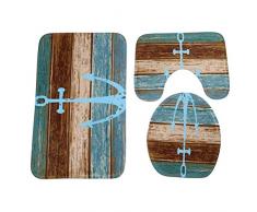 bestomz 3-teiliges Badematten-Set Anker Muster Rutschfest Bad Teppich WC-Deckelbezug Soft Vorleger Teppich