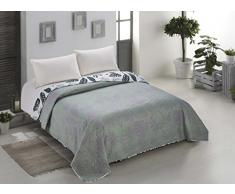 AmeliaHome 00196 Tagesdecke 170x210 cm weiß grün grau Bettüberwurf zweiseitig Steppung pflegeleicht Monstera Blätter Pflanzenmuster stahl hellgrün seladongrün anthrazit Botanique