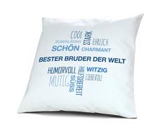 Kopfkissen mit Namen Bester Bruder der Welt - Motiv Positive Eigenschaften Tagcloud Blau, 40 cm, 100% Baumwolle, Kuschelkissen, Liebeskissen, Namenskissen, Geschenkidee