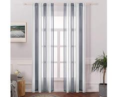 MIULEE 2er Set Voile Vorhang Transparente Streifen Gardine aus Voile Gaze paarig Schlaufenschal Stangedurchzug Transparent Fensterschal Wohnzimmer Schlafzimmer 145 cm x 140 cm(H x B) Weiß + Grau
