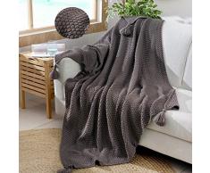 100% Baumwolle Kuscheldecke Tagesdecke Gestrickte überwurf Decke Ultra Weich Warm Wohn-Kuscheldecke für Baby Couch Bett Sofa Stuhl Auto Büro,130x180cm,4 Jahreszeiten Bettdecke (Grau, Fransendecke)