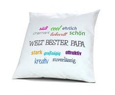 Kopfkissen mit dem Namen Welt bester Papa, Kissen mit Füllung - Positive Eigenschaften, 40 cm, 100% Baumwolle, Kuschelkissen, Liebeskissen, Namenskissen, Geschenkidee