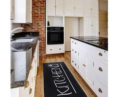 mynes Home Teppich Küchenläufer Kurzflor Waschbar bei 30°C in der Waschmaschine Schwarz Kitchen Schrift| MY3040 | 80x200cm