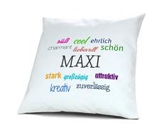 Kopfkissen mit dem Namen Maxi, Kissen mit Füllung - Positive Eigenschaften, 40 cm, 100% Baumwolle, Kuschelkissen, Liebeskissen, Namenskissen, Geschenkidee