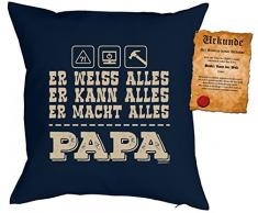 Geschenk für Papa zum Vatertag Kissen mit Füllung und Urkunde Er weiss ..Er kann ..Er macht alles Papa Kissen für Väter cooles Weihnachten Geburtstag