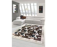 Merinos Kuhfell Imitat Teppich Patchwork Print Teppich in Braun Schwarz Creme Größe 160x230 cm