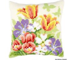 Vervaco Frühlingsblüten Kreuzstichkissen/Stickkissen vorgedruckt, Baumwolle, Mehrfarbig, 40 x 40 x 0.3 cm