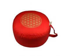 Yogakissen Meditationskissen BIO Dinkelspelz Premium Bezug OEKO TEX zertifiziert waschbar - Blume des Lebens Druck GOLD Ø 28 cm Höhe 16 cm als Sitzkissen, Sitzsack, Bodenkissen, Sitzhocker, Pouf, Yoga
