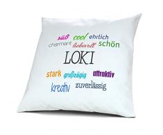 Kopfkissen mit Namen Loki - Motiv Positive Eigenschaften, 40 cm, 100% Baumwolle, Kuschelkissen, Liebeskissen, Namenskissen, Geschenkidee, Deko