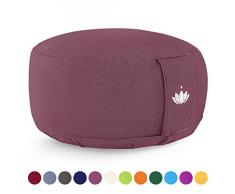 Lotuscrafts Yogakissen Meditationskissen Rund Lotus - Sitzhöhe 15cm - Waschbarer Bezug aus Baumwolle - Yoga Sitzkissen mit Dinkelfüllung - GOTS Zertifiziert - Mit Bestickung