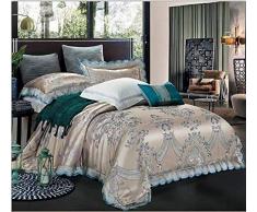 4 TLG. King Style Bettgarnitur Set Bettwäsche Bettbezug 2X Kissen,1x Bettdecke,1x Bettlaken aus Baumwolle & Seiden Stickereien Silber Blau
