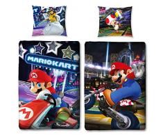 Kinder-Wende-Bettwäsche Super Mario Kart Biber / Flanell 135 x 200cm + 80 x 80cm 100% Baumwolle Luigi Prinzessin Peach Bowser Yoshi Toad Bettzeug Bettbezug deutsche Größe 2 Motive Reißverschluss