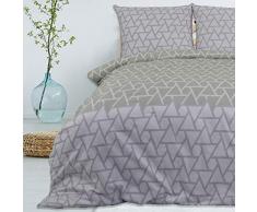 Style Heim Fein-Biber Bettwäsche mit Kissenbezüge 3 Teilig 100% Baumwolle Edel-Flanell Reißverschluss 200x220 cm + 80x80 cm, Muster Dreiecke Rustikal Grau Hellgrau