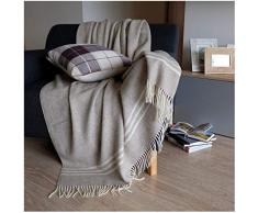 Linen & Cotton Hochwertige, Klassische und Moderne Decke Wolldecke Merino Wohndecke Kuscheldecke Brooklyn mit Fransen - 100% Weicher Merinowolle, Braun/ Creme/ Natur ( 140 x 200 cm), Sofadecke/ Tagesdecke / Schurwolldecke/ Überwurf