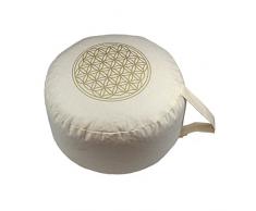 Yogakissen Meditationskissen BIO Dinkelspelz Premium Bezug OEKO TEX zertifiziert waschbar - Blume des Lebens Druck GOLD Ø 28 cm Höhe 16 cm als Sitzkissen, Sitzsack, Bodenkissen, Sitzhocker, Pouf, Yoga