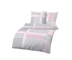 Soma Biber Bettwäsche 135x200 2tlg | Bettwäsche-Set im Karo Streifen Design Hell-grau Rosa | aus 100% Baumwolle | 2 teilig 135x200 cm & Kissen 80x80 cm (135 cm x 200 cm)