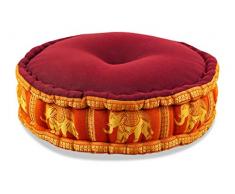 livasia Zafukissen Seide mit Kapokfüllung, Meditationskissen, Yogakissen, rundes Sitzkissen/Bodenkissen (rot-orange/Elefanten)