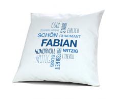 Kopfkissen mit Namen Fabian - Motiv Positive Eigenschaften Tagcloud Blau, 40 cm, 100% Baumwolle, Kuschelkissen, Liebeskissen, Namenskissen, Geschenkidee