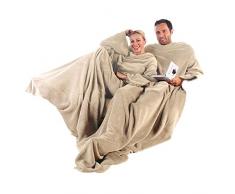 CelinaTex TV-Decke Kuscheldecke mit Ärmeln und Fußtasche XL 170 x 200 cm beige Coral Fleece Tagesdecke Ärmeldecke