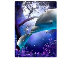 Violetpos Dick Decke Weich Wärme Gemütlich Flanell-Fleece Sofadecke Deckeldecke Lustiger Delphin Küsst Lila Wildblumen Helle Mondsterne 125 x 200 cm