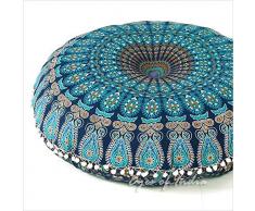 Eyes of India Mandala-Bodenkissenbezug, Meditationskissen, Sitzüberwurf, Hippie, rund, bunt, dekorativ, Bohemian, Boho, Hundebett, indischer Pouf, Baumwolle, A1 Blau 1, 81,3 cm (32 Zoll)