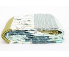 1001 Wohntraum T211-3 Quilt I Japan Blüten, Plaid Tagesdecke, Patchwork Landhaus Decke, 230 x 250 cm, barock blau