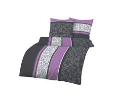 Träumschön Biber Bettwäsche 135x200 4teilig Baumwolle | Biber Bettwäsche 4tlg im Lila-Anthrazit Paisley Design | 100% Baumwoll Bettwäsche Lila
