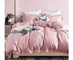 Luofanfei Mädchen Bettwäsche 135x200 Rosa Rüschen Design Bettbezug 2 Teilig Uni Pink Microfaser Koralle Exztra Weich